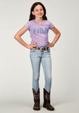 GIRLS SHORT SLEEVE LILAC COTTON SLUB JERSEY WESTERN T SHIRT WITH SCREEN PRINT DECORATION