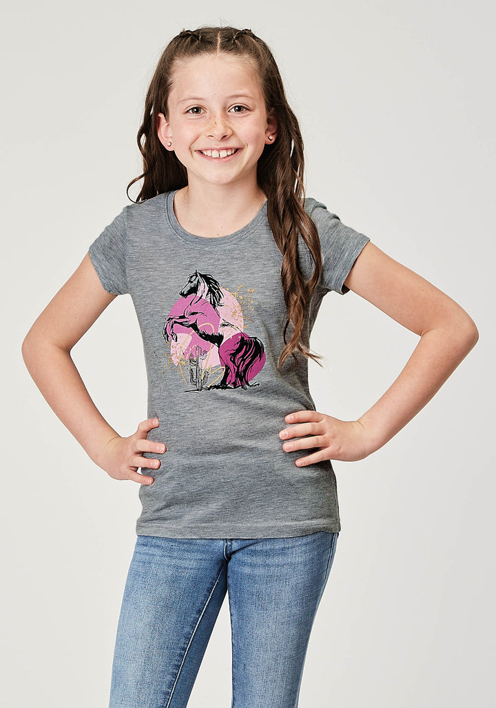 GIRLS SHORT SLEEVE LIGHT GREY POLY RAYON WESTERN T SHIRT WITH SCREEN PRINT DECORATION