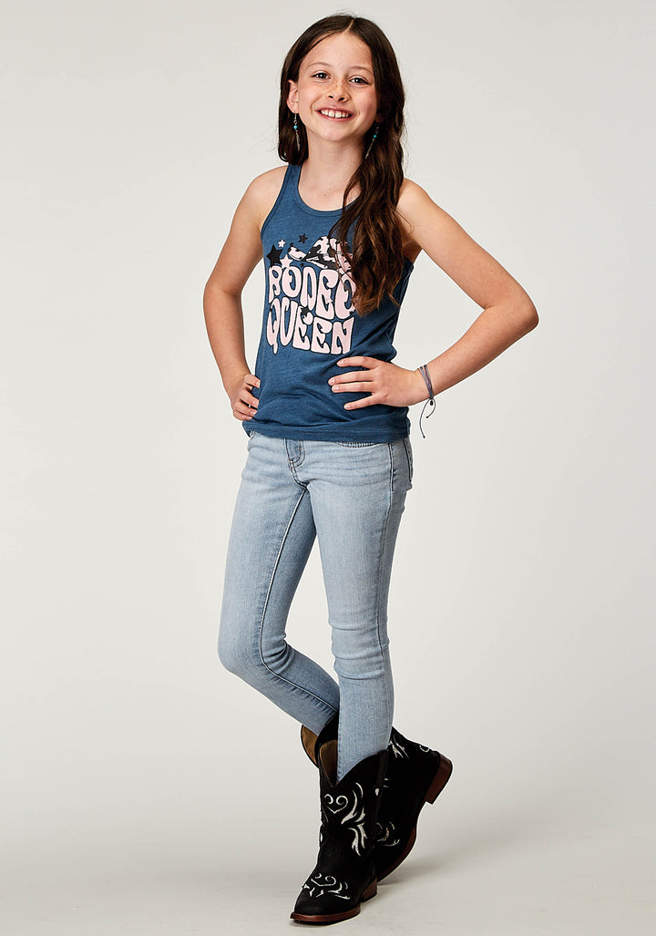 GIRLS SLEEVELESS NAVY BLUE POLY RAYON WESTERN T SHIRT WITH SCREEN PRINT DECORATION