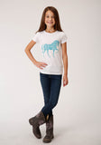 GIRLS WHITE WITH TURQUOISE HORSE SCREEN PRINT SHORT SLEEVE KNIT T-SHIRT