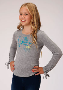 GIRLS HEATHERED GRAY WITH TOO MANY SHOES SCREEN PRINT LONG SLEEVE KNIT T-SHIRT