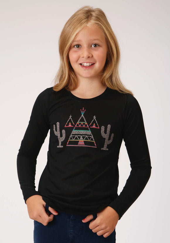 GIRLS BLACK WITH TEEPEE AND CACTUS PRINT LONG SLEEVE KNIT T-SHIRT