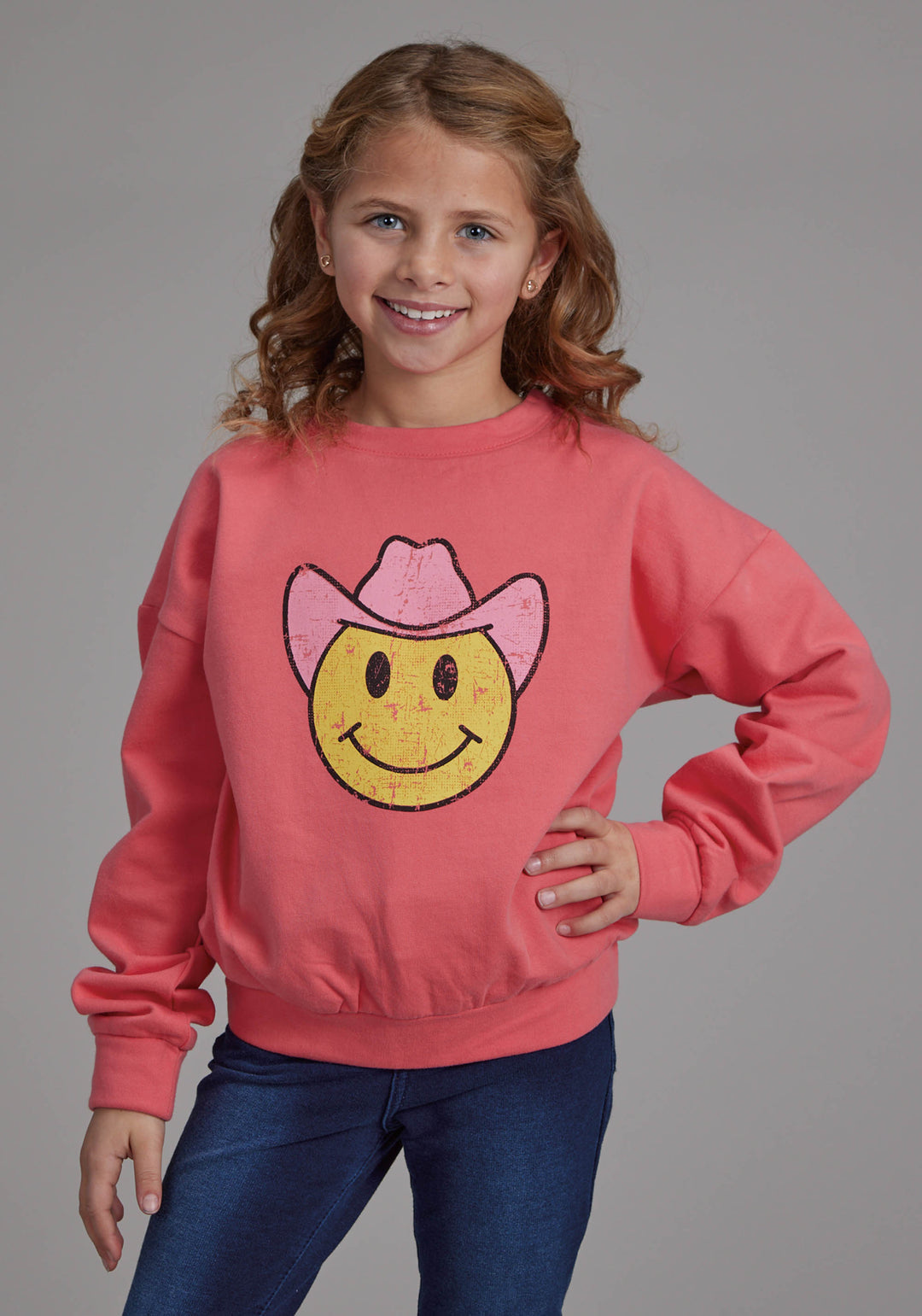 GIRLS BRIGHT CORRAL PINK LONG SLEEVE PULLOVER WESTERN SHIRT