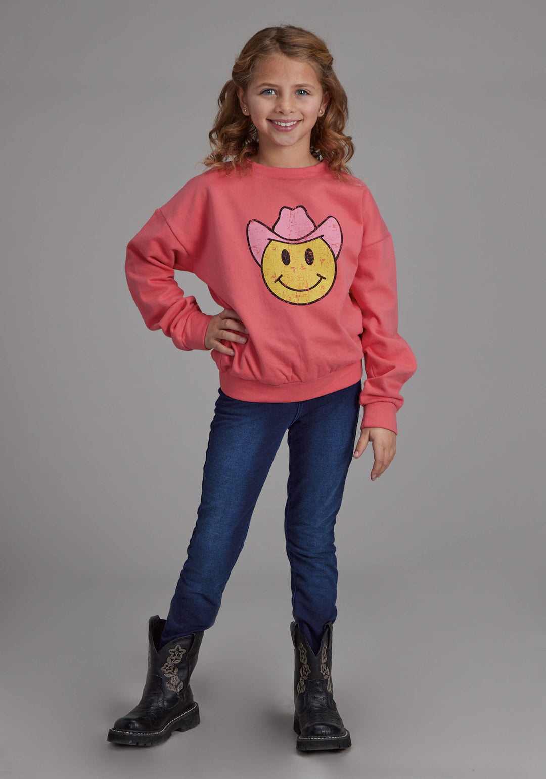 GIRLS BRIGHT CORRAL PINK LONG SLEEVE PULLOVER WESTERN SHIRT