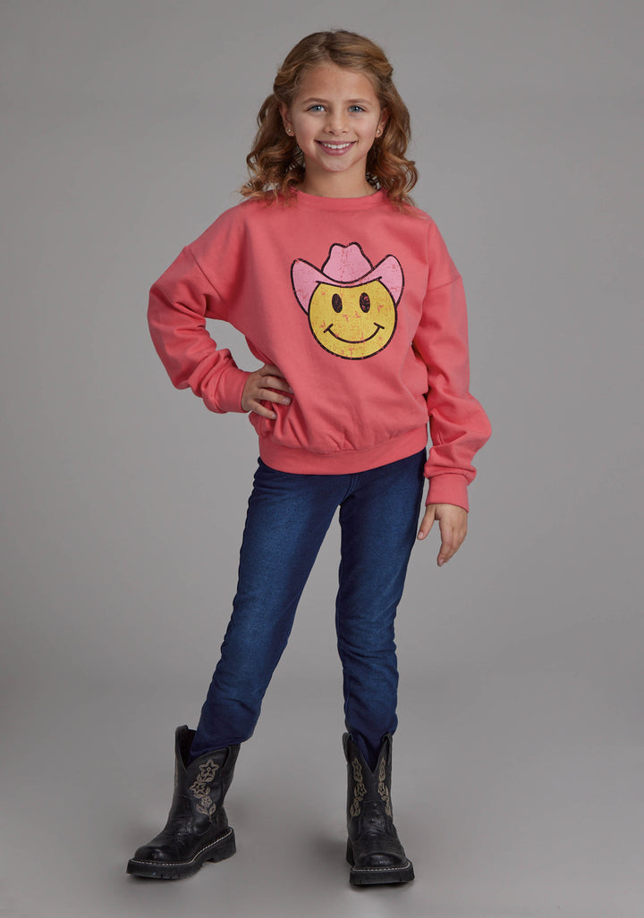 GIRLS BRIGHT CORRAL PINK LONG SLEEVE PULLOVER WESTERN SHIRT