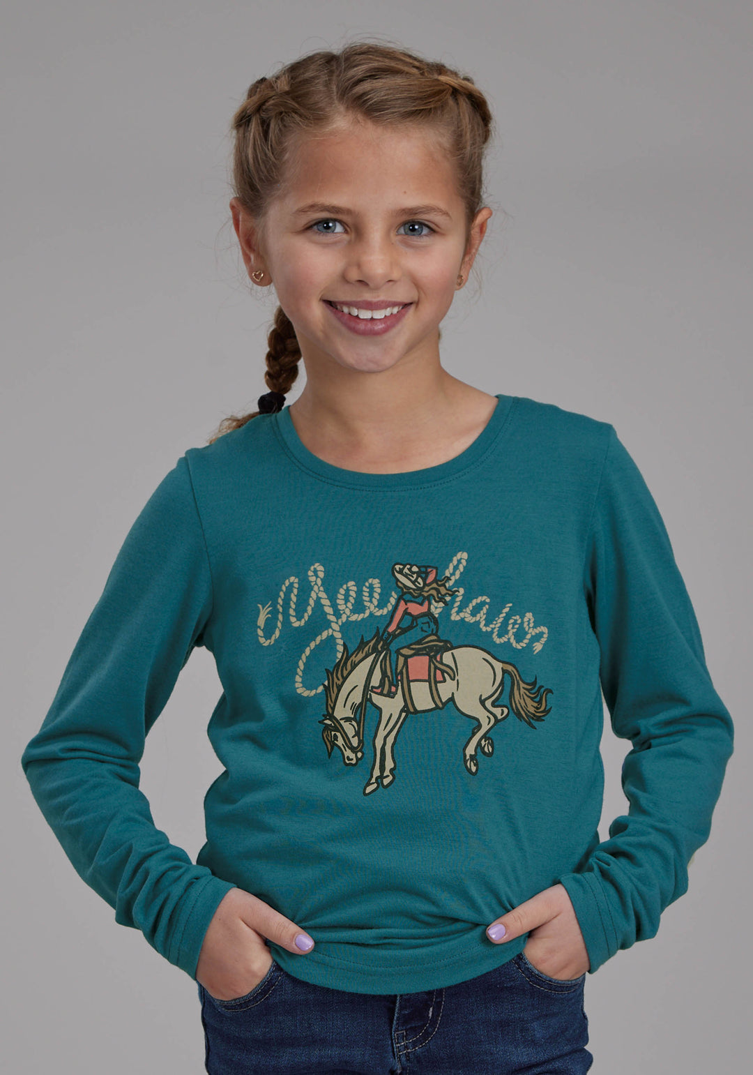 GIRLS POLY RAYON LONG SLEEVE SCOOP NECK TEE LONG SLEEVE PULLOVER WESTERN SHIRT