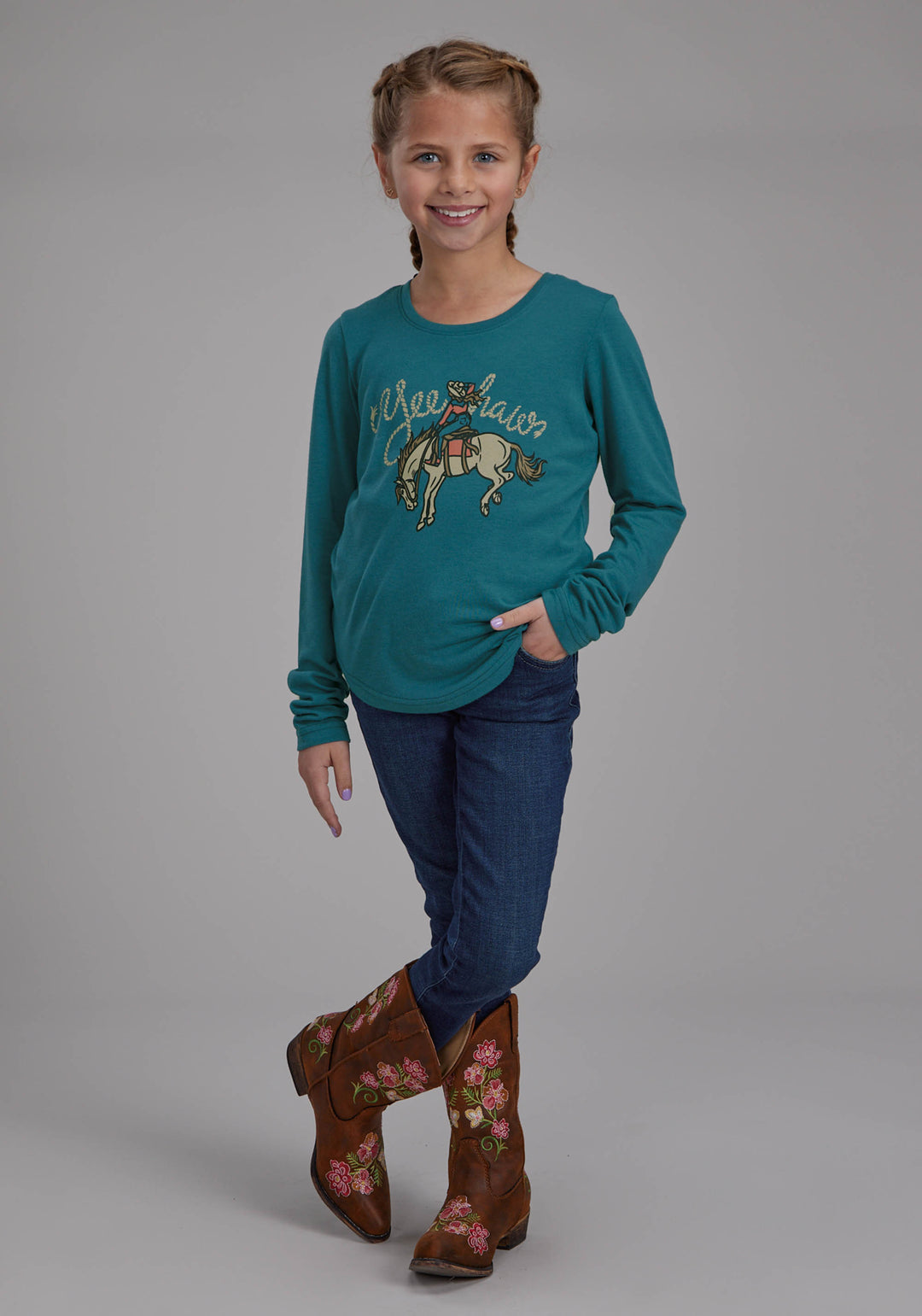GIRLS POLY RAYON LONG SLEEVE SCOOP NECK TEE LONG SLEEVE PULLOVER WESTERN SHIRT
