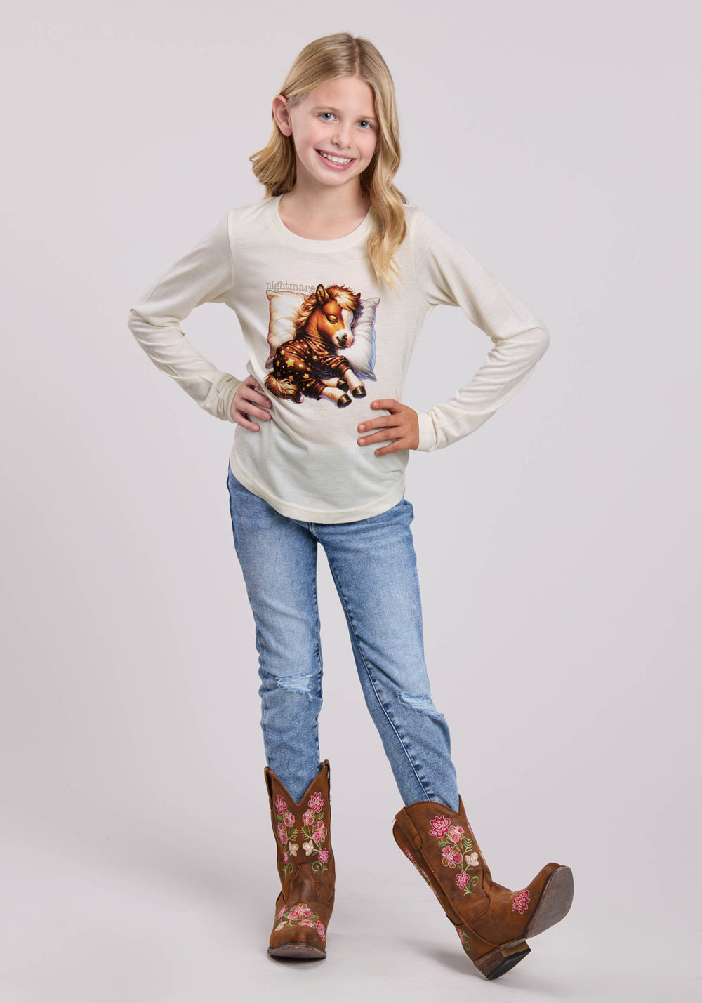 GIRLS ROPER CREAM POLY RAYON JERSEY LONG SLEEVE SHIRT