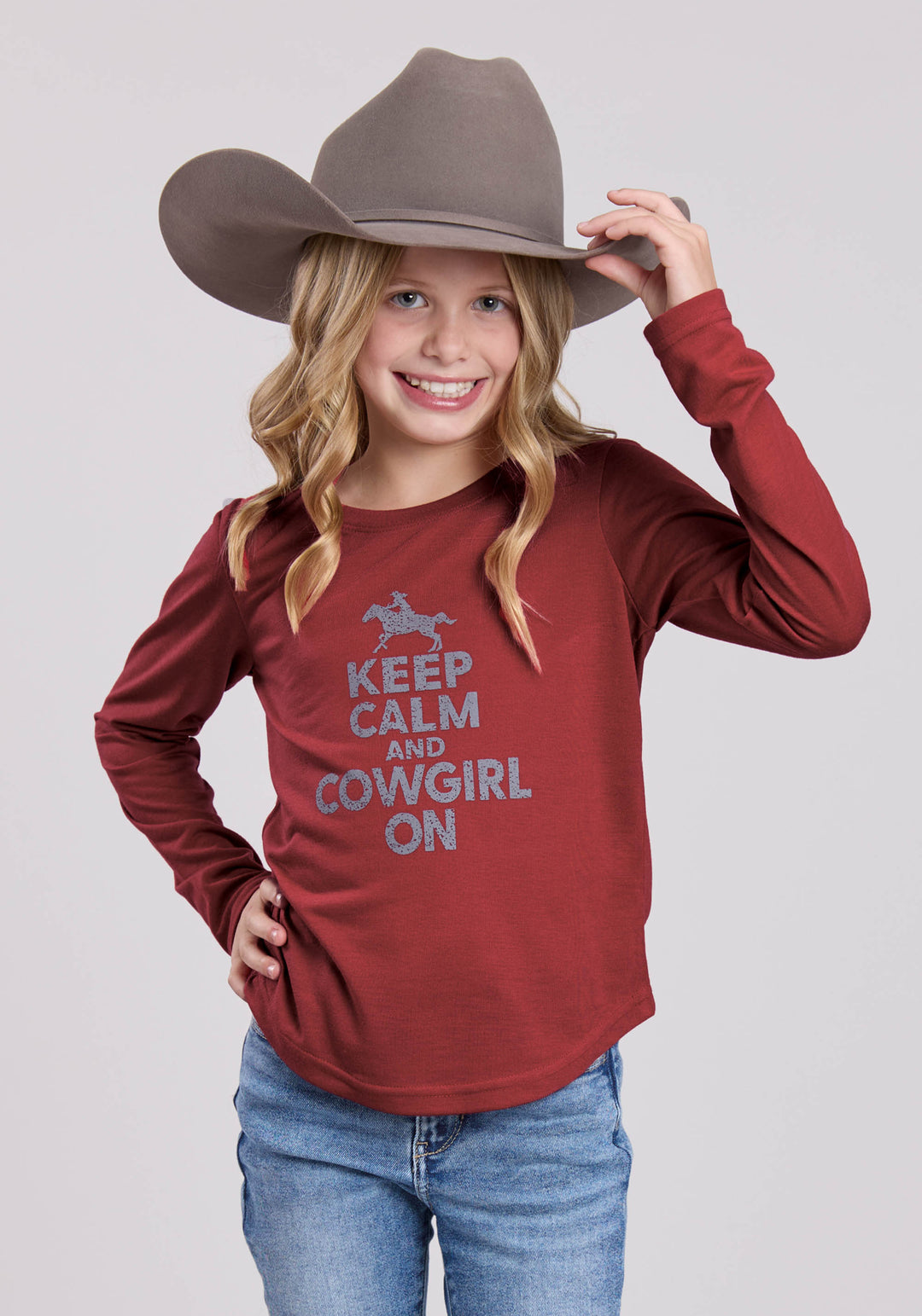 GIRLS LONG SLEEVE PULLOVER DK RED POLY RAYON JERSEY LS TEE WESTERN SHIRT