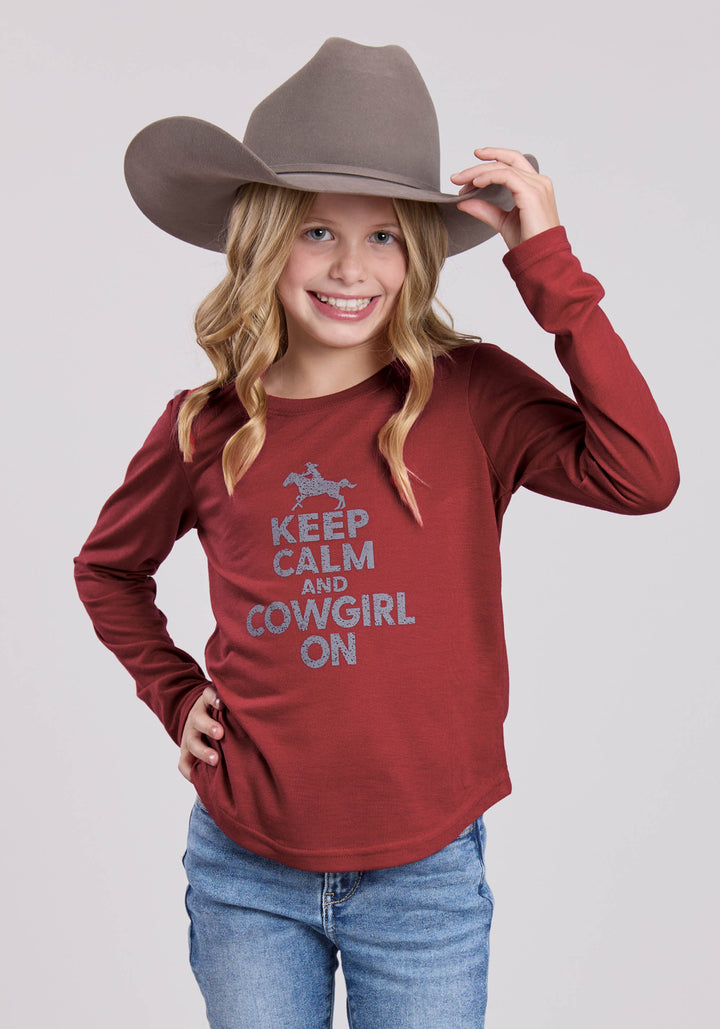 GIRLS LONG SLEEVE PULLOVER DK RED POLY RAYON JERSEY LS TEE WESTERN SHIRT