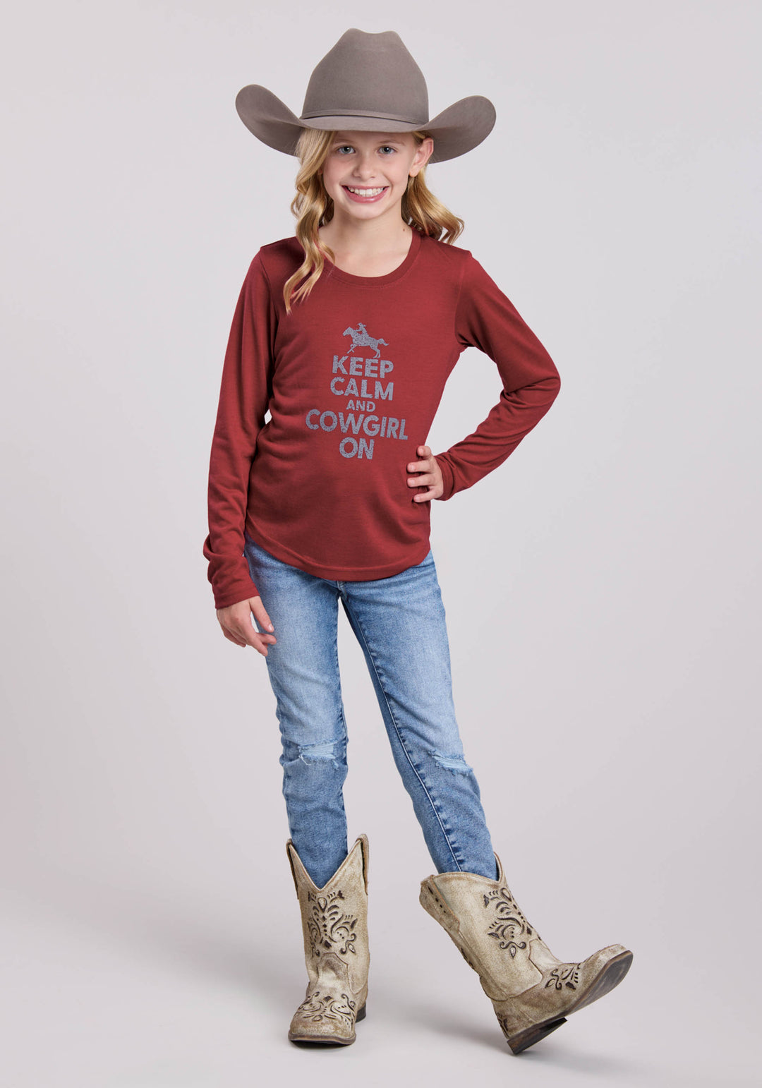 GIRLS LONG SLEEVE PULLOVER DK RED POLY RAYON JERSEY LS TEE WESTERN SHIRT