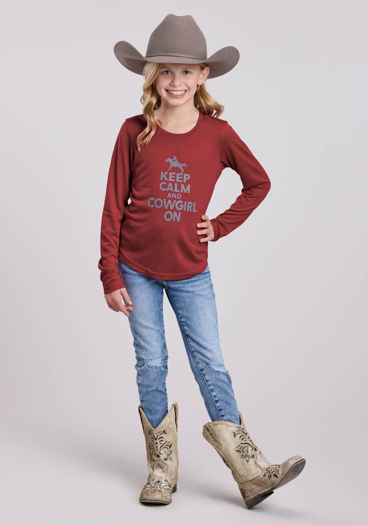 GIRLS LONG SLEEVE PULLOVER DK RED POLY RAYON JERSEY LS TEE WESTERN SHIRT