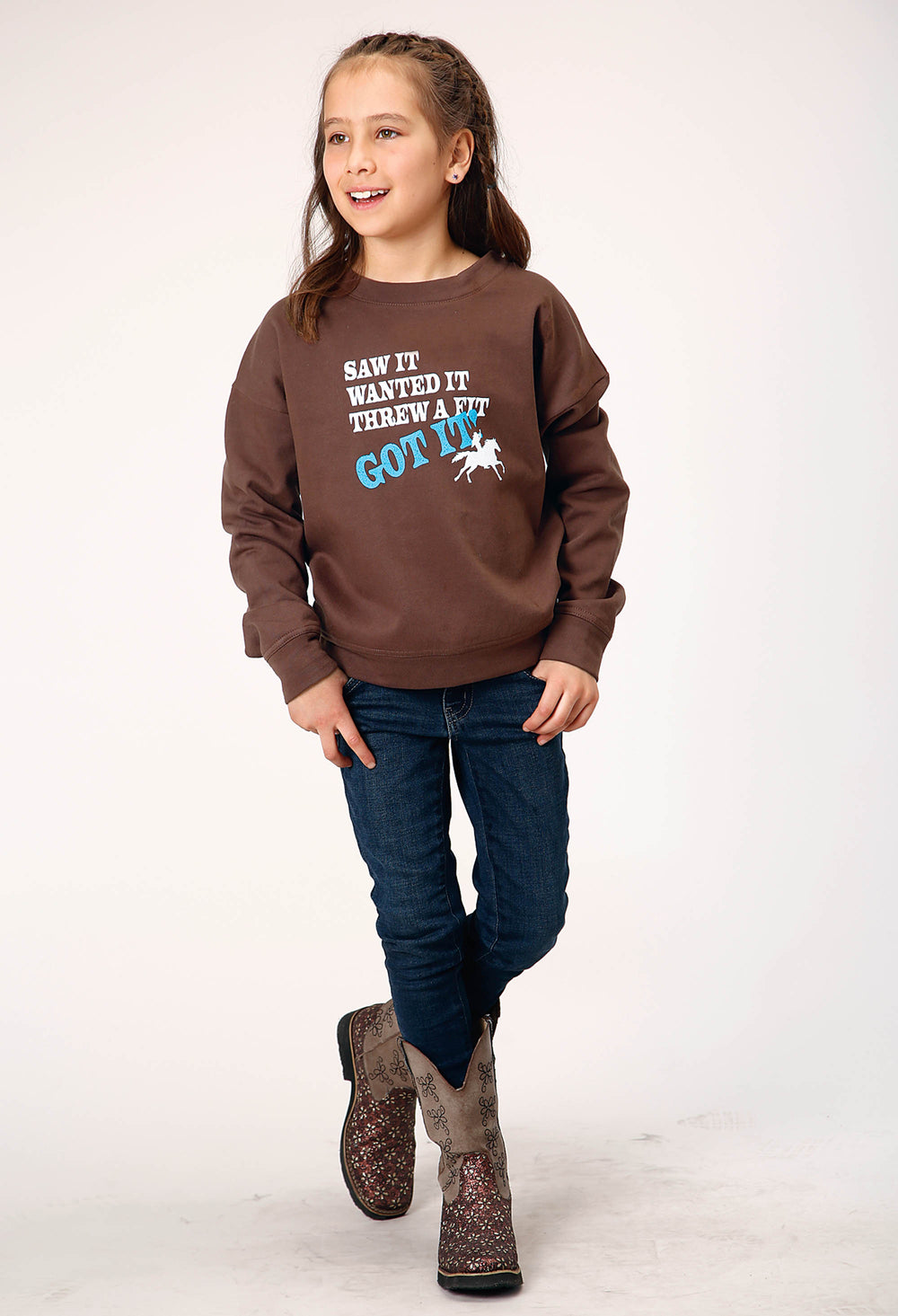GIRLS LONG SLEEVE DARK BROWN COTTON FLEECE WESTERN T SHIRT WITH SCOOP NECK SCREEN PRINT DECORATION