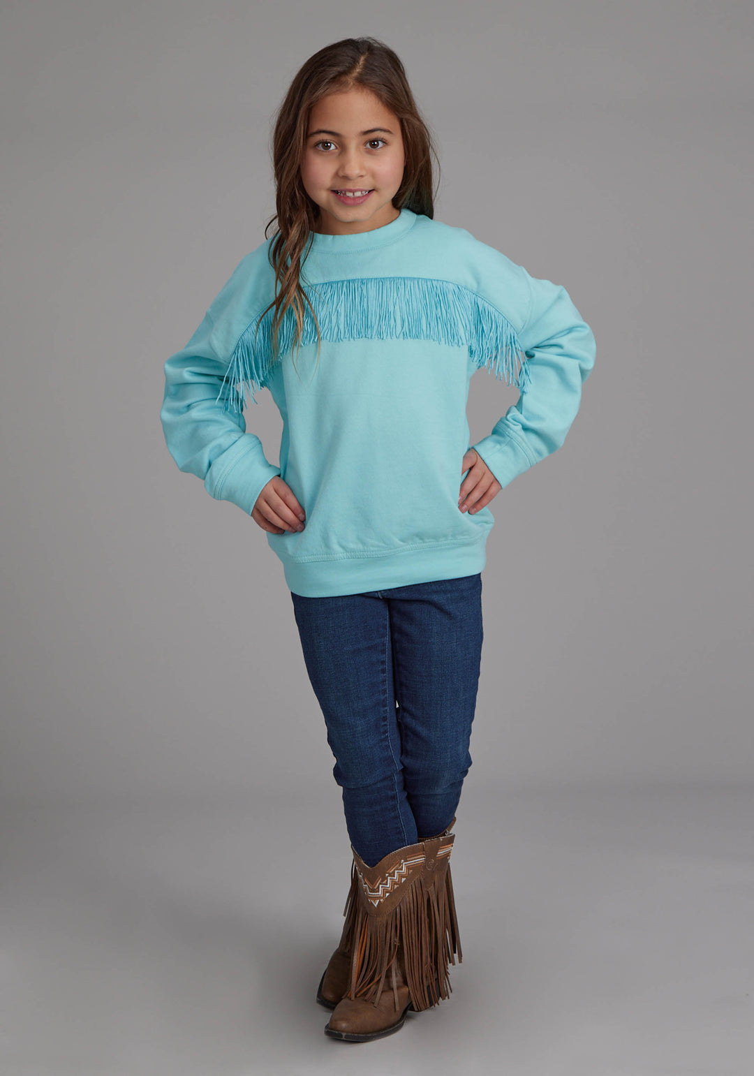 GIRLS COTTON FLEECE CREW NECK PULL-OVER LONG SLEEVE PULLOVER WESTERN SHIRT