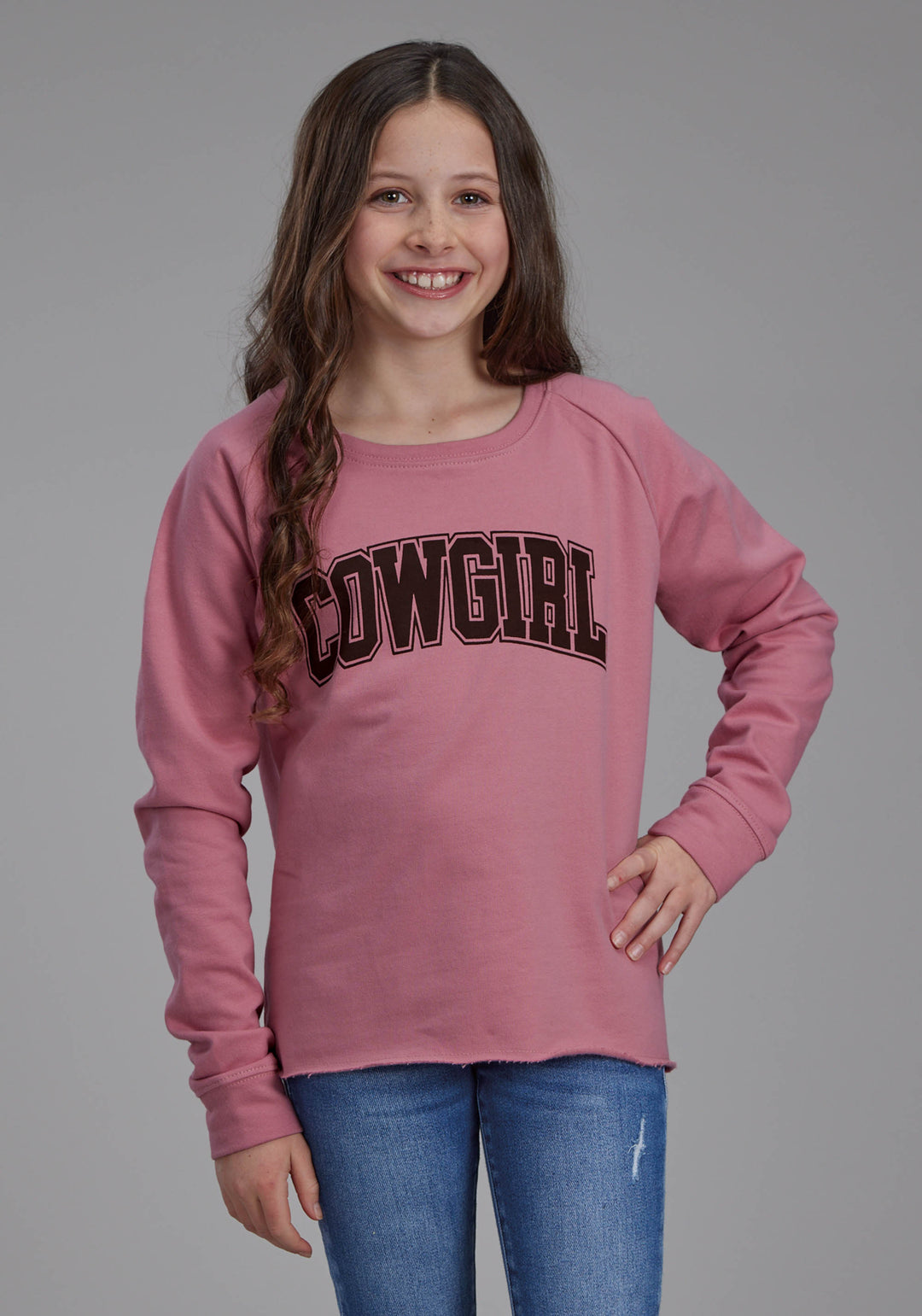 GIRLS DUSTY PINK FLEECE SWEATSHIRT LONG SLEEVE PULLOVER WESTERN SHIRT
