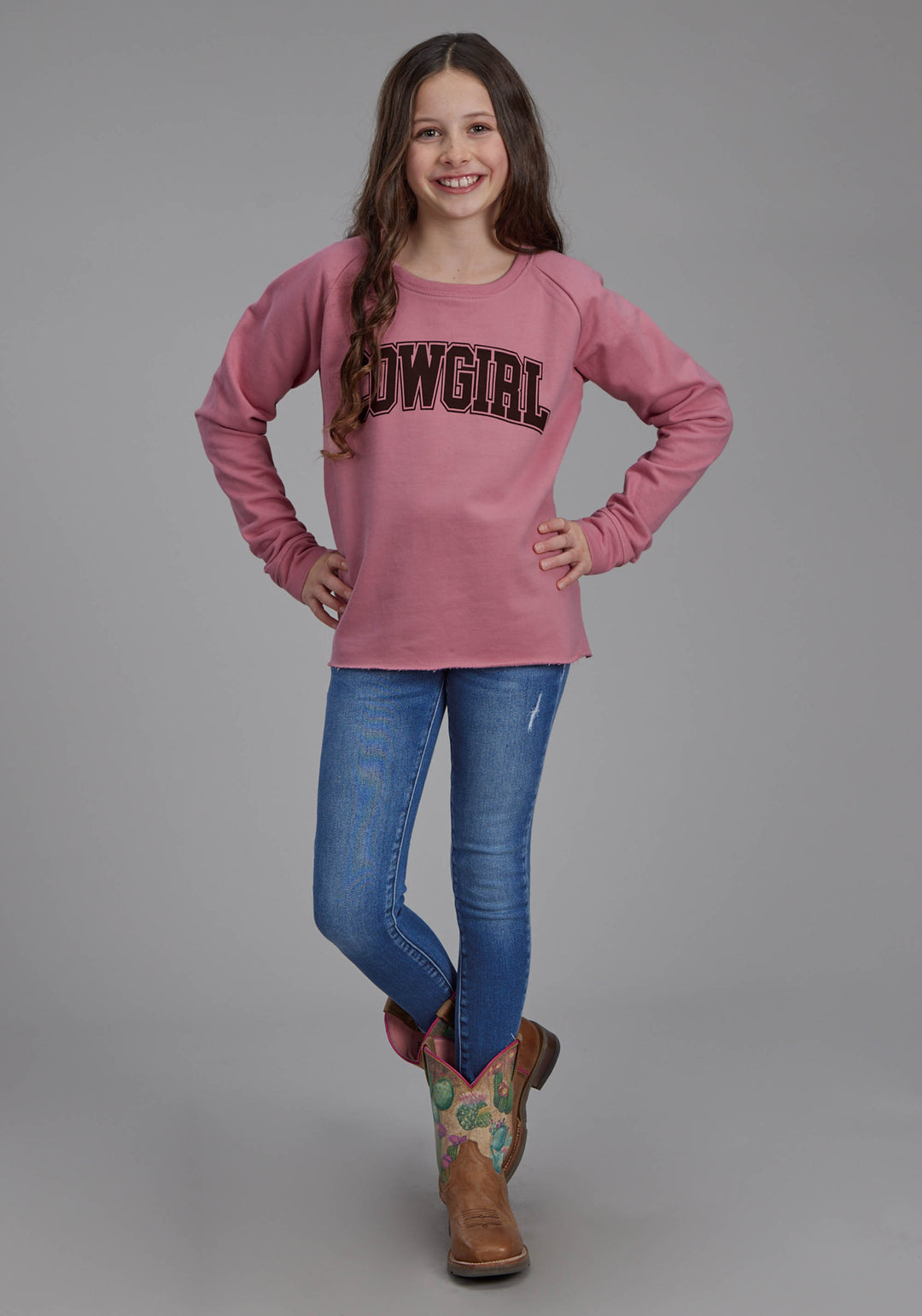 GIRLS DUSTY PINK FLEECE SWEATSHIRT LONG SLEEVE PULLOVER WESTERN SHIRT