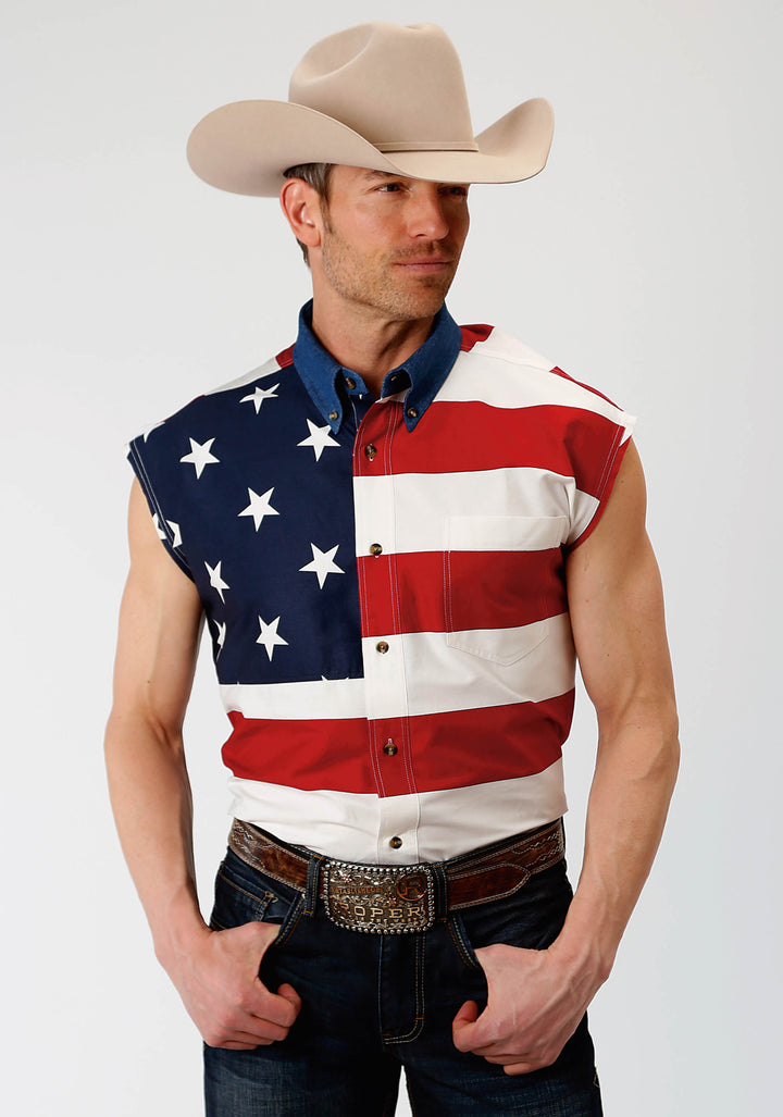MENS RED WHITE AND BLUE STARS AND STRIPES PIECED AMERICAN FLAG SLEEVELESS WESTERN SNAP SHIRT