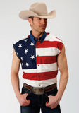 MENS RED WHITE AND BLUE STARS AND STRIPES PIECED AMERICAN FLAG SLEEVELESS WESTERN SNAP SHIRT