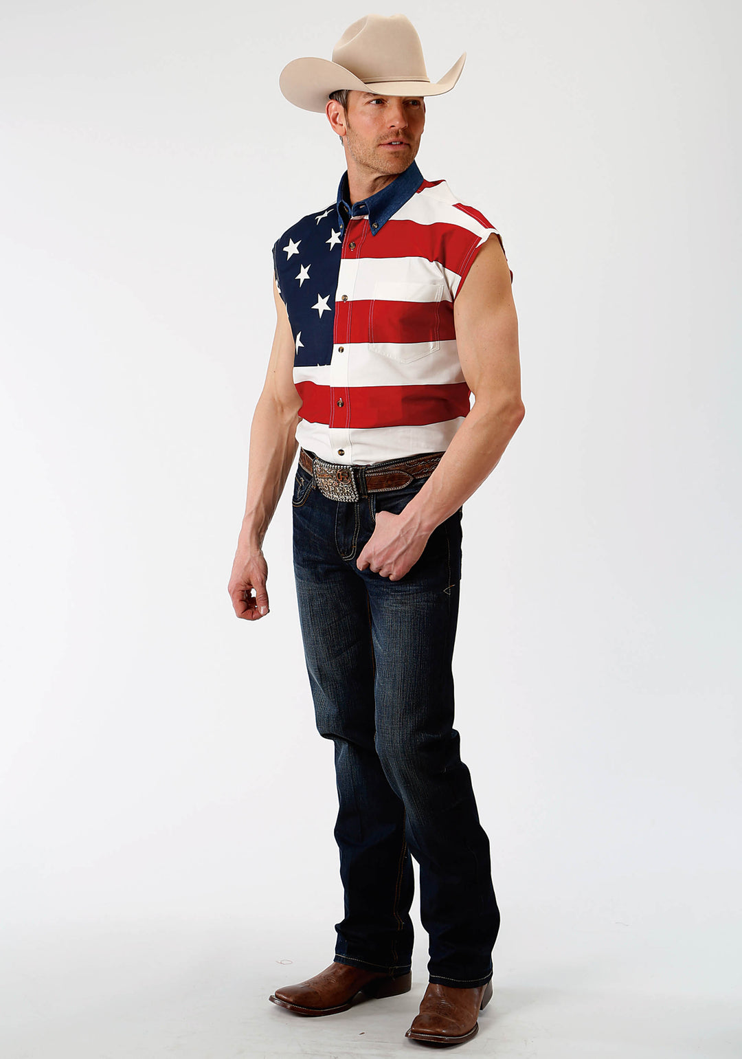 MENS RED WHITE AND BLUE STARS AND STRIPES PIECED AMERICAN FLAG SLEEVELESS WESTERN SNAP SHIRT