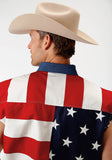 MENS RED WHITE AND BLUE STARS AND STRIPES PIECED AMERICAN FLAG SLEEVELESS WESTERN SNAP SHIRT