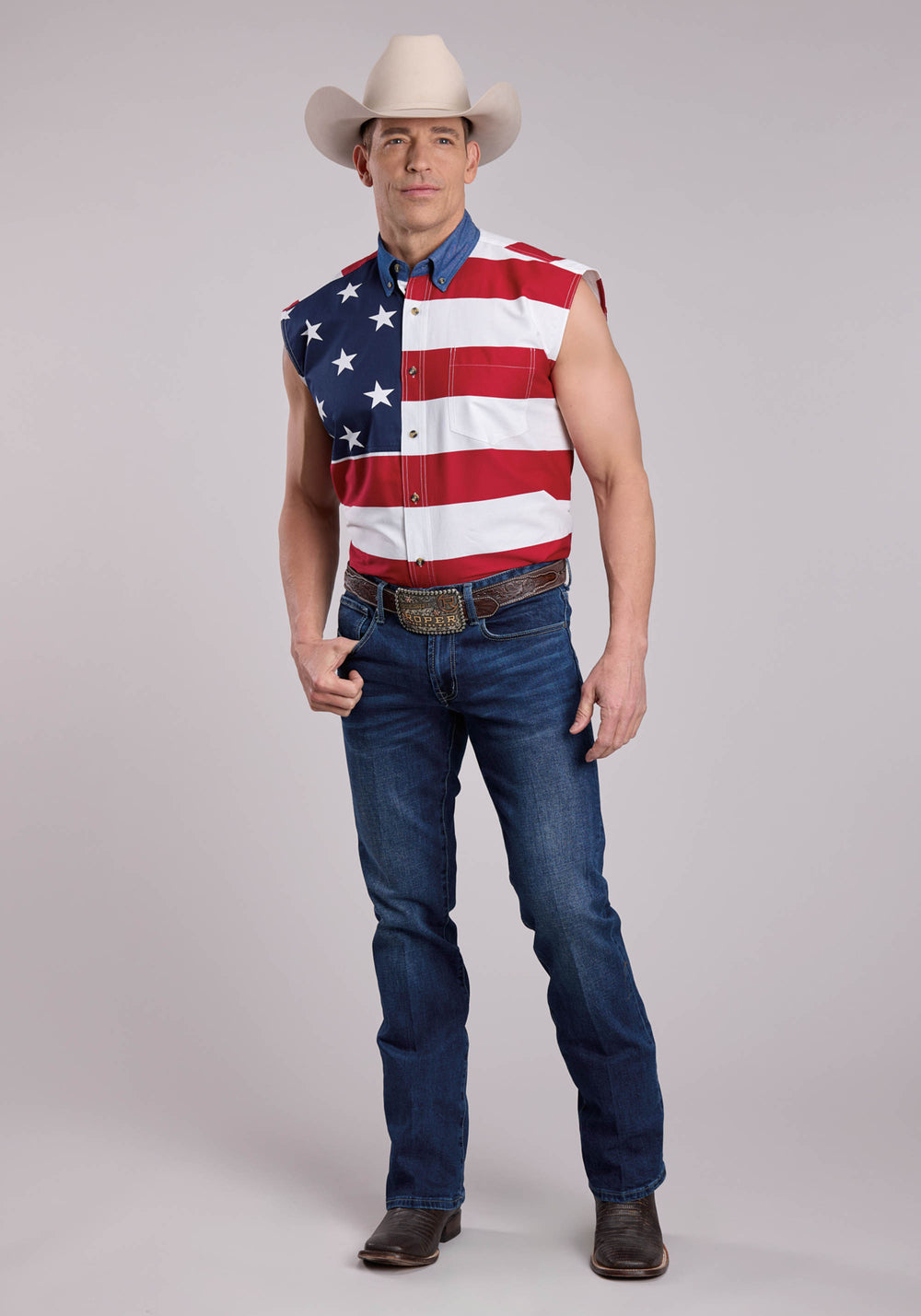 MENS SLEEVELESS PRINT FLAG SHIRT SLEEVELESS BUTTON WESTERN SHIRT