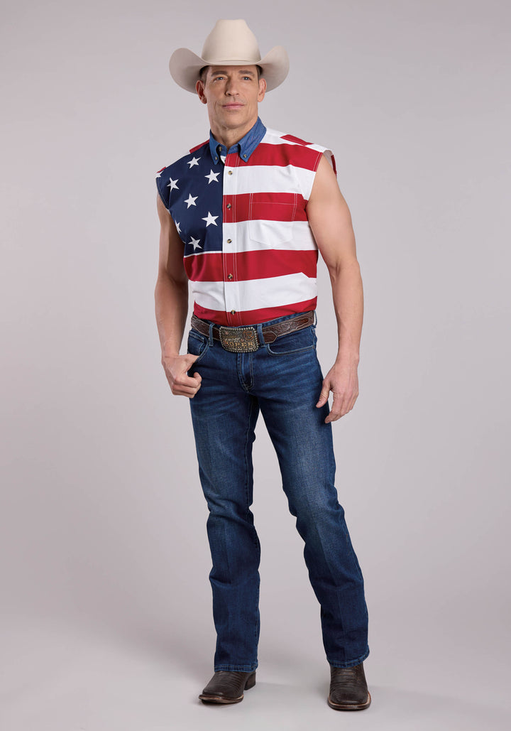 MENS SLEEVELESS PRINT FLAG SHIRT SLEEVELESS BUTTON WESTERN SHIRT