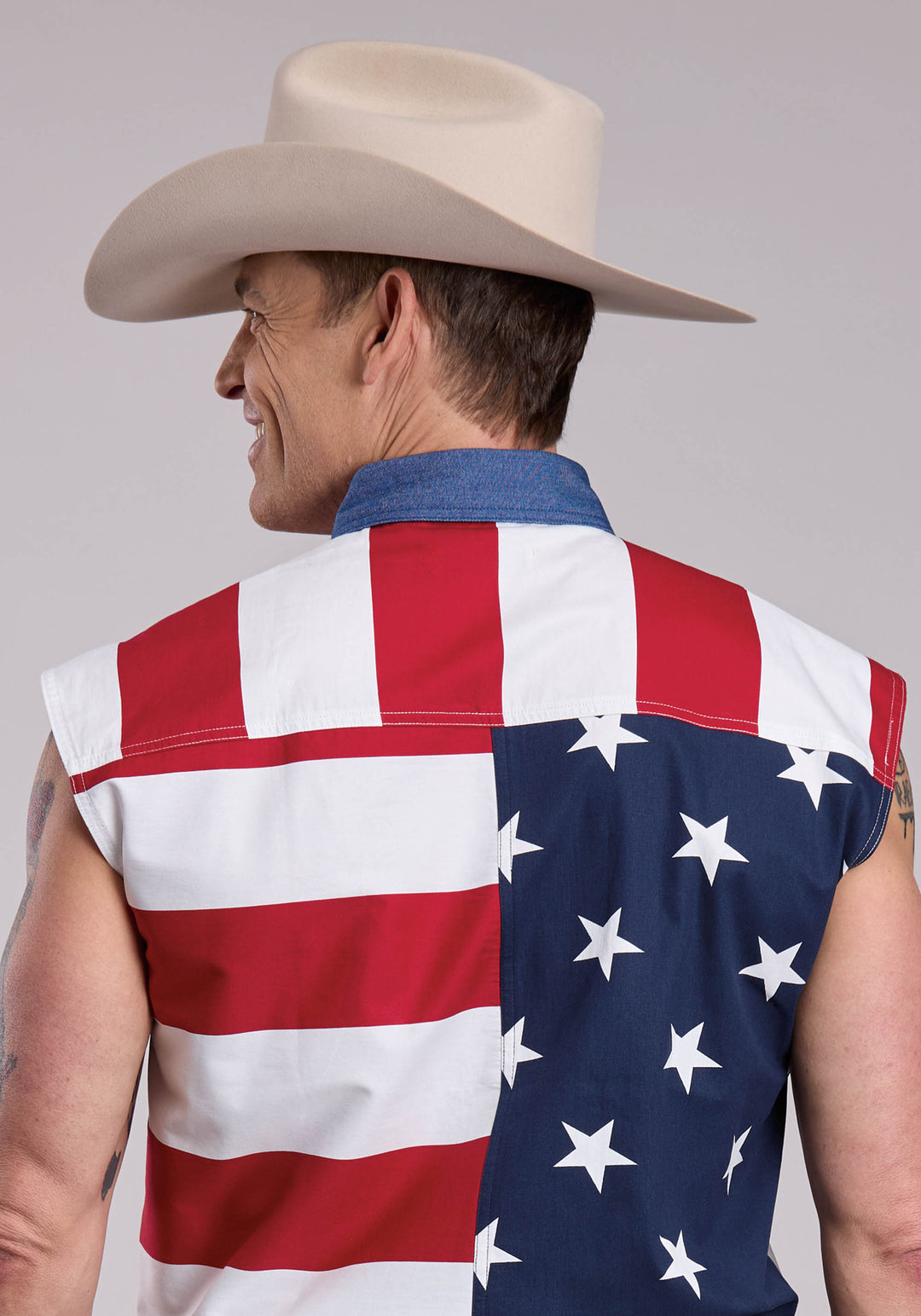 MENS SLEEVELESS PRINT FLAG SHIRT SLEEVELESS BUTTON WESTERN SHIRT