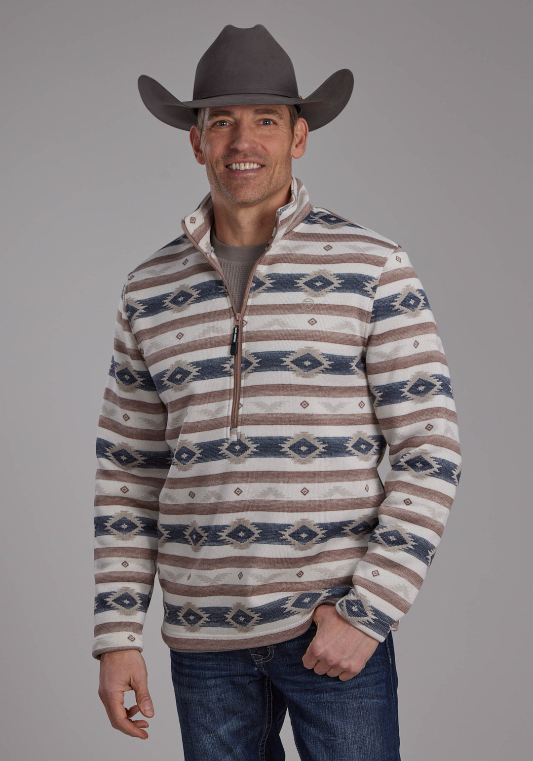 MENS HORIZONTAL AZTEC STRIPE SWEATER ZIPPER WESTERN SHIRT