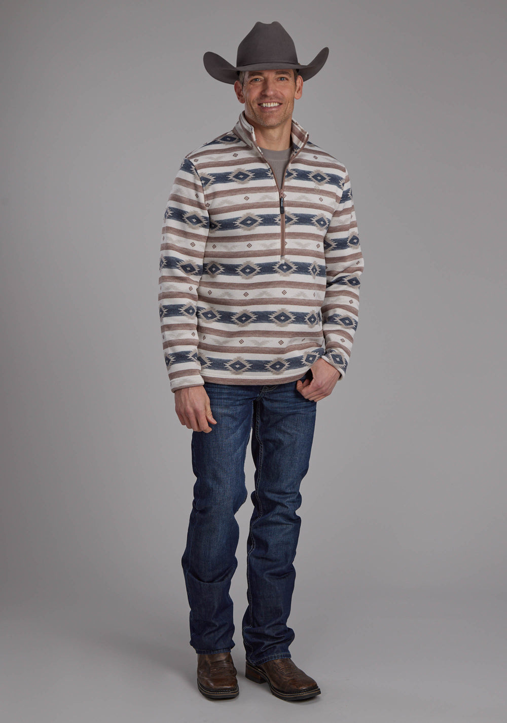 MENS HORIZONTAL AZTEC STRIPE SWEATER ZIPPER WESTERN SHIRT