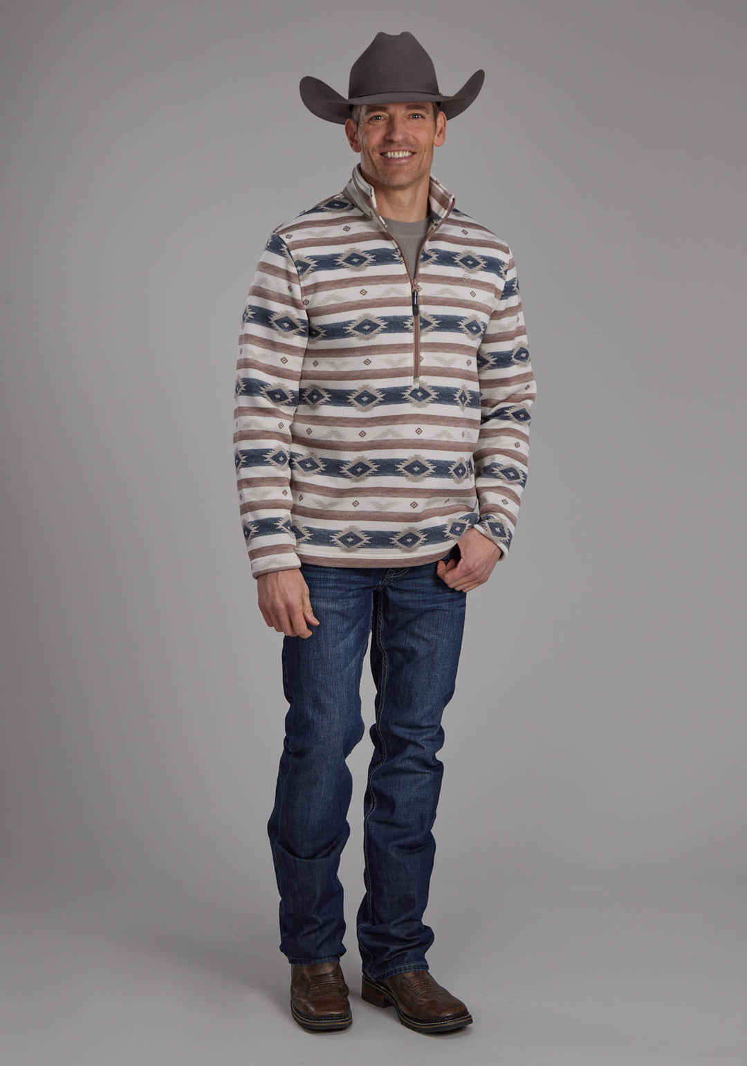 MENS HORIZONTAL AZTEC STRIPE SWEATER ZIPPER WESTERN SHIRT