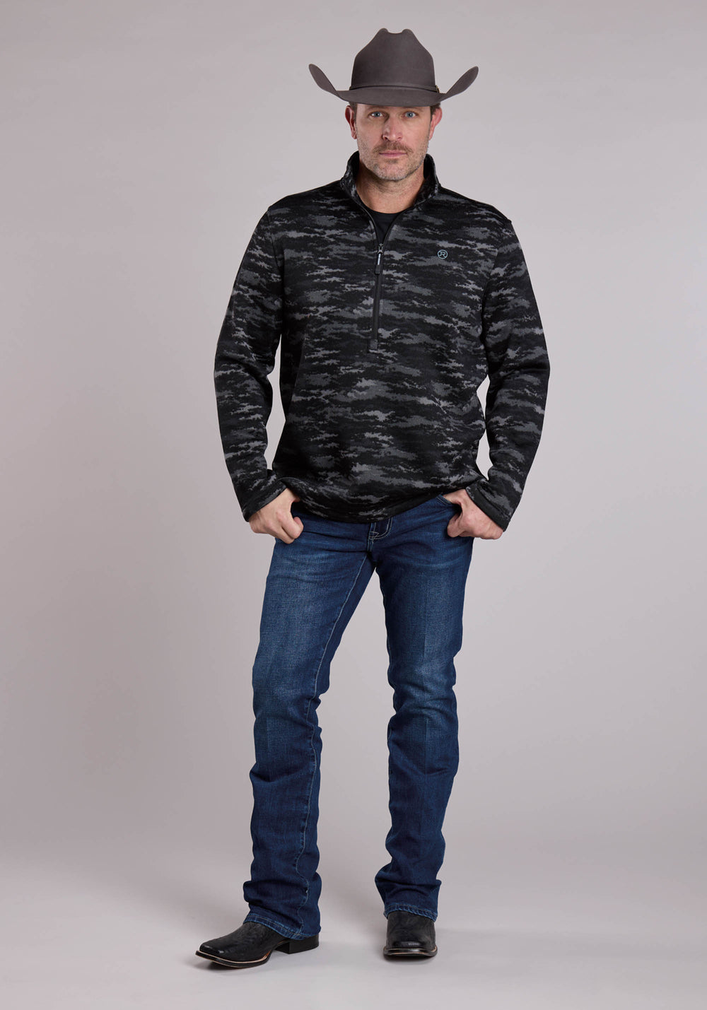 MENS SWEATER ZIPPER CAMO SWEATER KNIT PULLOVER WESTERN SHIRT