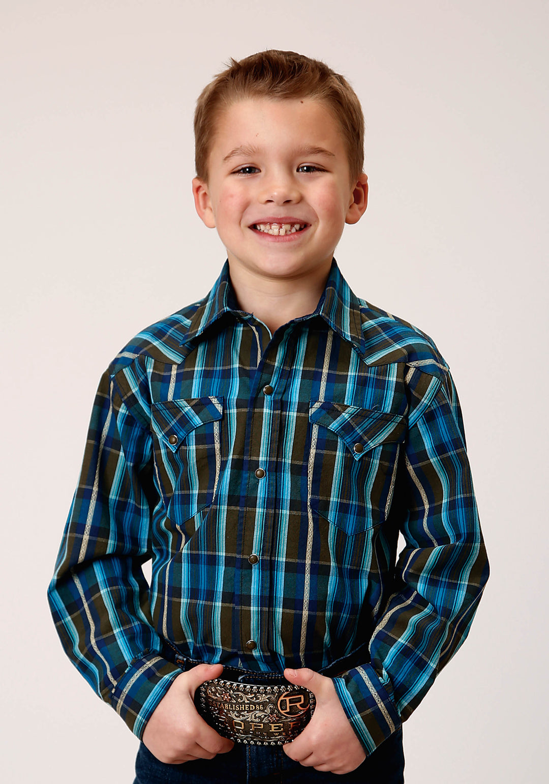 BOYS LONG SLEEVE SNAP DIAMOND DOBBY PLAID WESTERN SHIRT