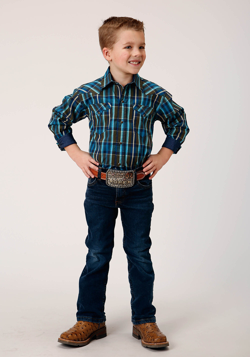 BOYS LONG SLEEVE SNAP DIAMOND DOBBY PLAID WESTERN SHIRT