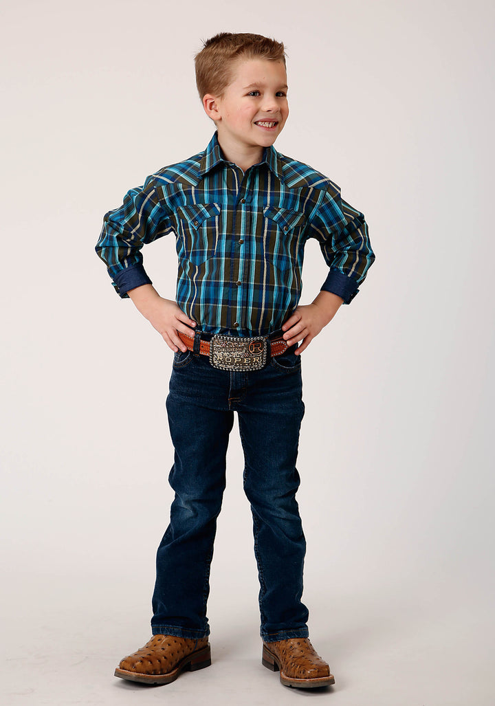 BOYS LONG SLEEVE SNAP DIAMOND DOBBY PLAID WESTERN SHIRT