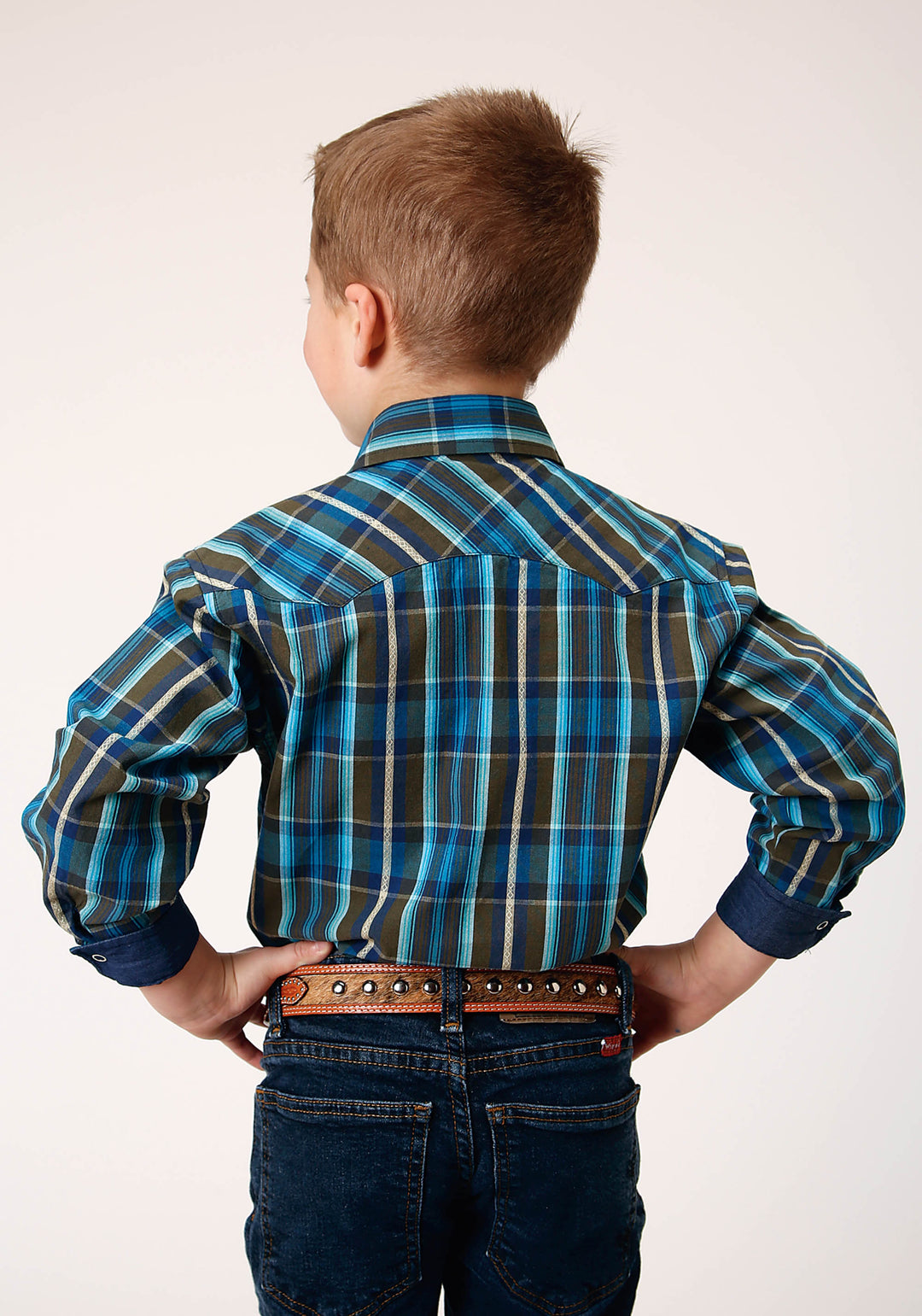 BOYS LONG SLEEVE SNAP DIAMOND DOBBY PLAID WESTERN SHIRT