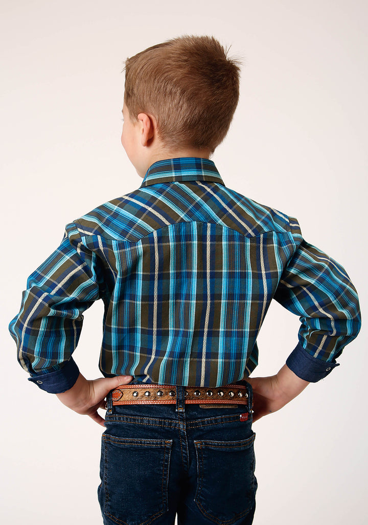 BOYS LONG SLEEVE SNAP DIAMOND DOBBY PLAID WESTERN SHIRT