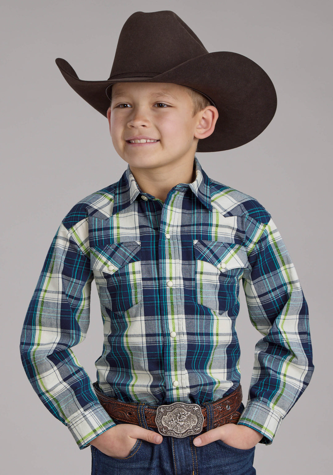 BOYS CONTRAST DOBBY LONG SLEEVE SNAP WESTERN SHIRT