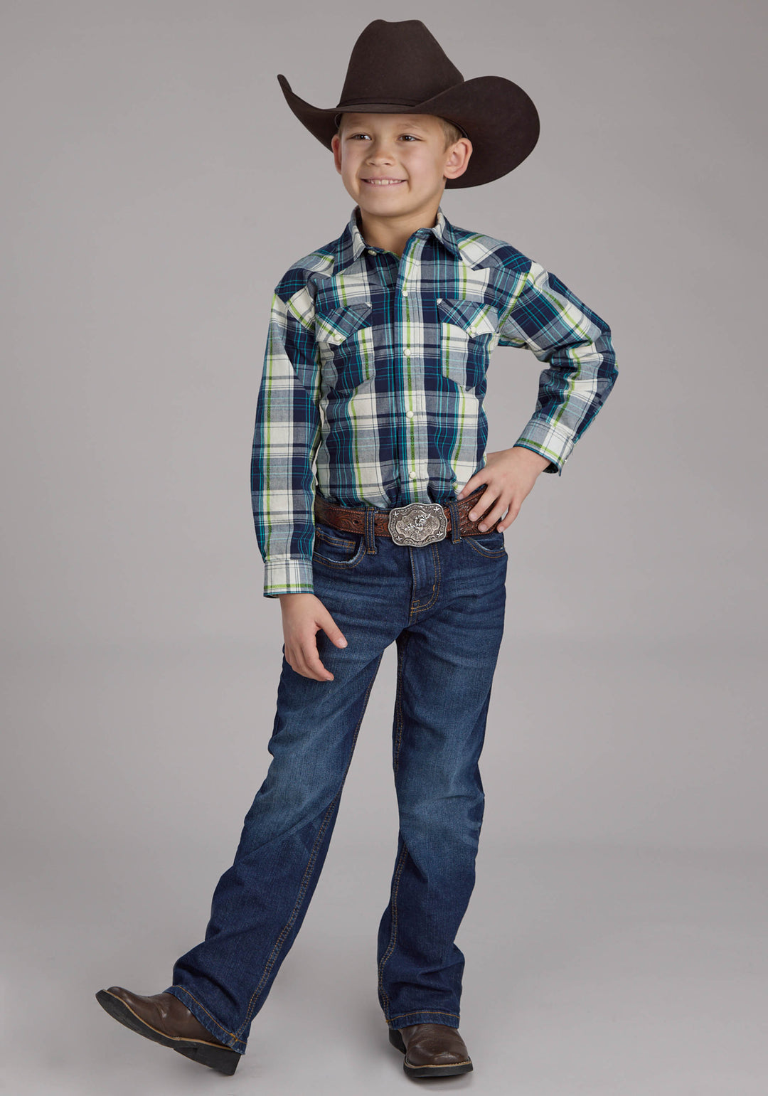 BOYS CONTRAST DOBBY LONG SLEEVE SNAP WESTERN SHIRT