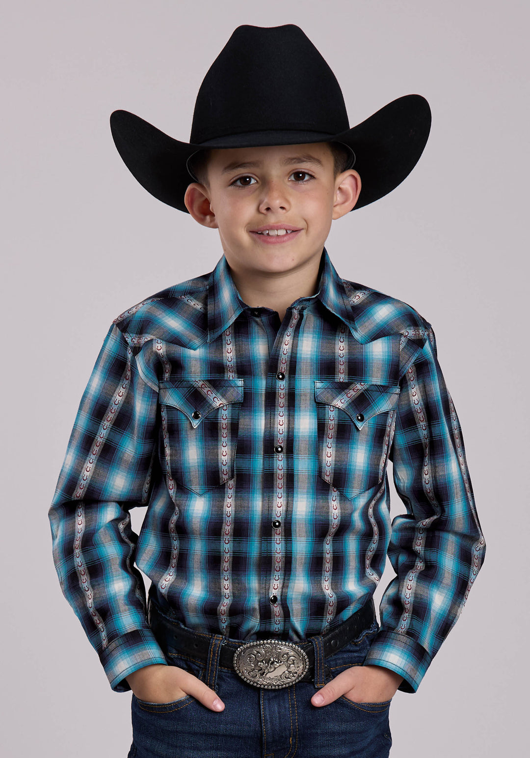 BOYS LONG SLEEVE SNAP HORSESHOE DOBBY PLAID WESTERN SHIRT