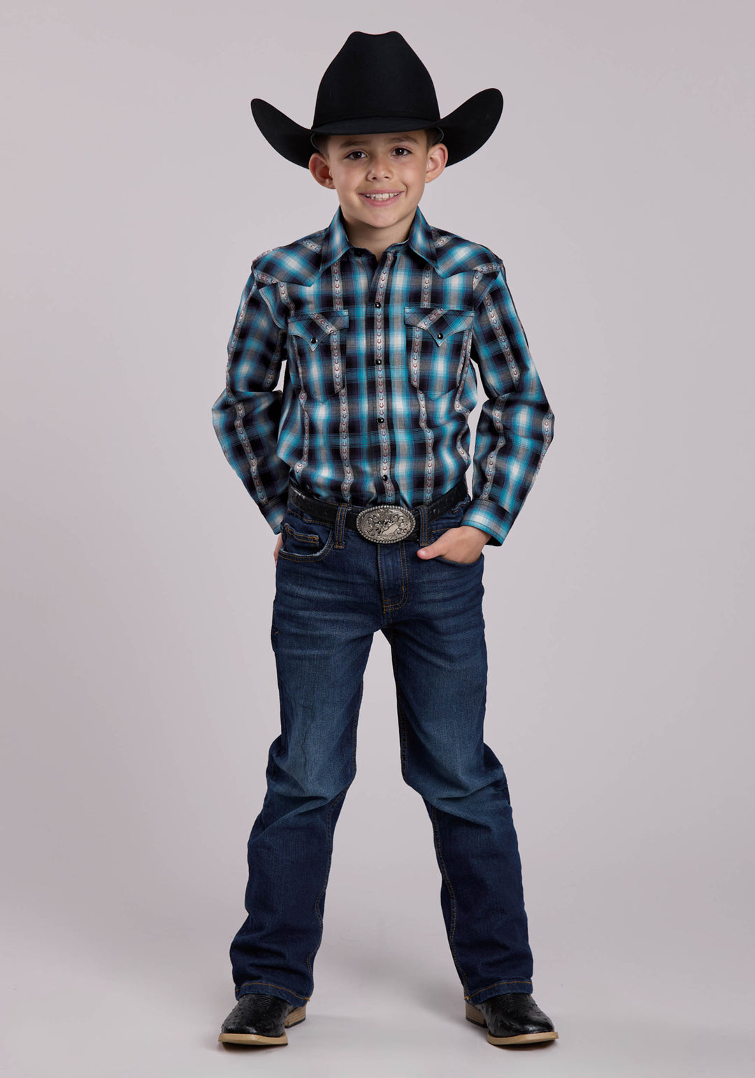 BOYS LONG SLEEVE SNAP HORSESHOE DOBBY PLAID WESTERN SHIRT