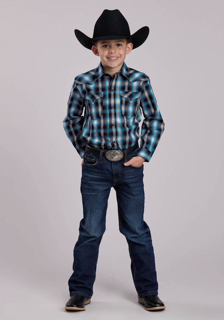 BOYS LONG SLEEVE SNAP HORSESHOE DOBBY PLAID WESTERN SHIRT