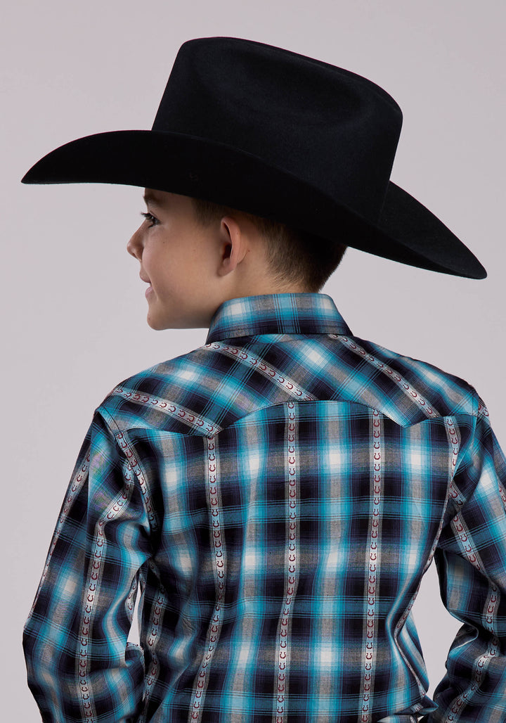 BOYS LONG SLEEVE SNAP HORSESHOE DOBBY PLAID WESTERN SHIRT