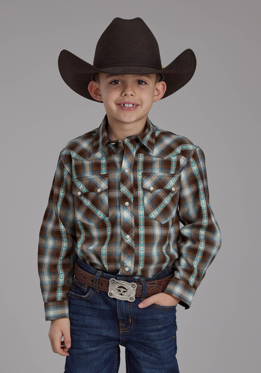 BOYS HORSESHOE DOBBY LONG SLEEVE SNAP WESTERN SHIRT