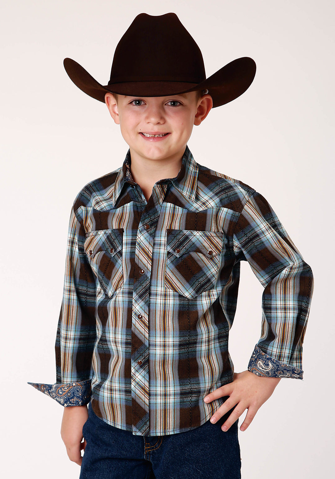 BOYS LONG SLEEVE SNAP CROSSING DOBBY PLAID WESTERN SHIRT