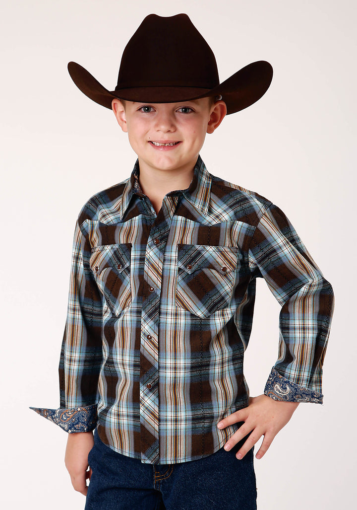 BOYS LONG SLEEVE SNAP CROSSING DOBBY PLAID WESTERN SHIRT