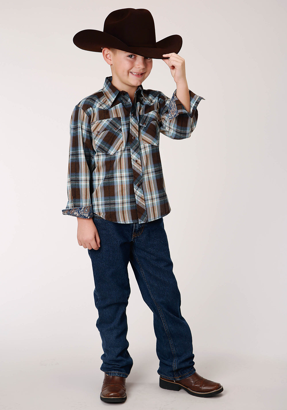 BOYS LONG SLEEVE SNAP CROSSING DOBBY PLAID WESTERN SHIRT