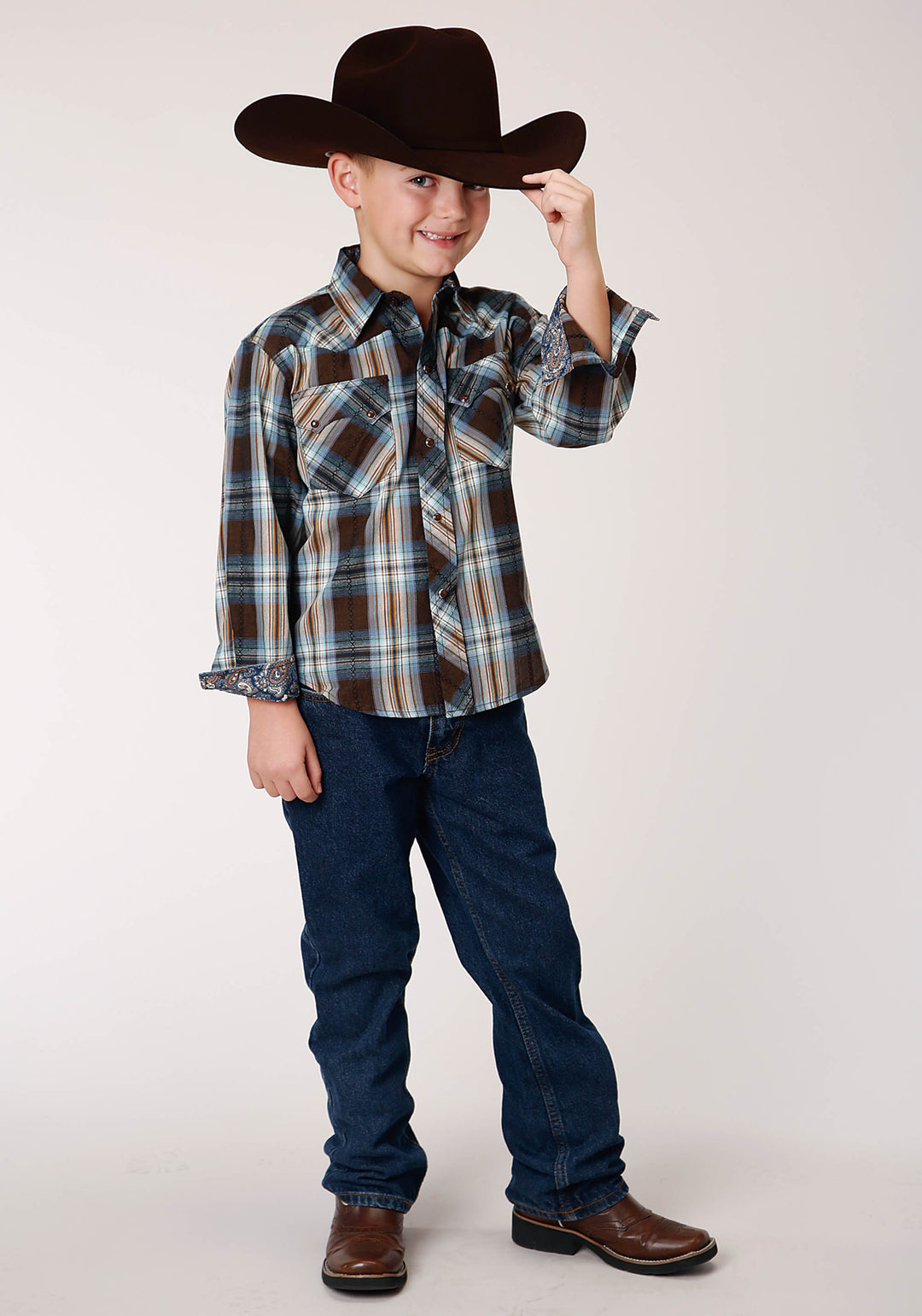 BOYS LONG SLEEVE SNAP CROSSING DOBBY PLAID WESTERN SHIRT