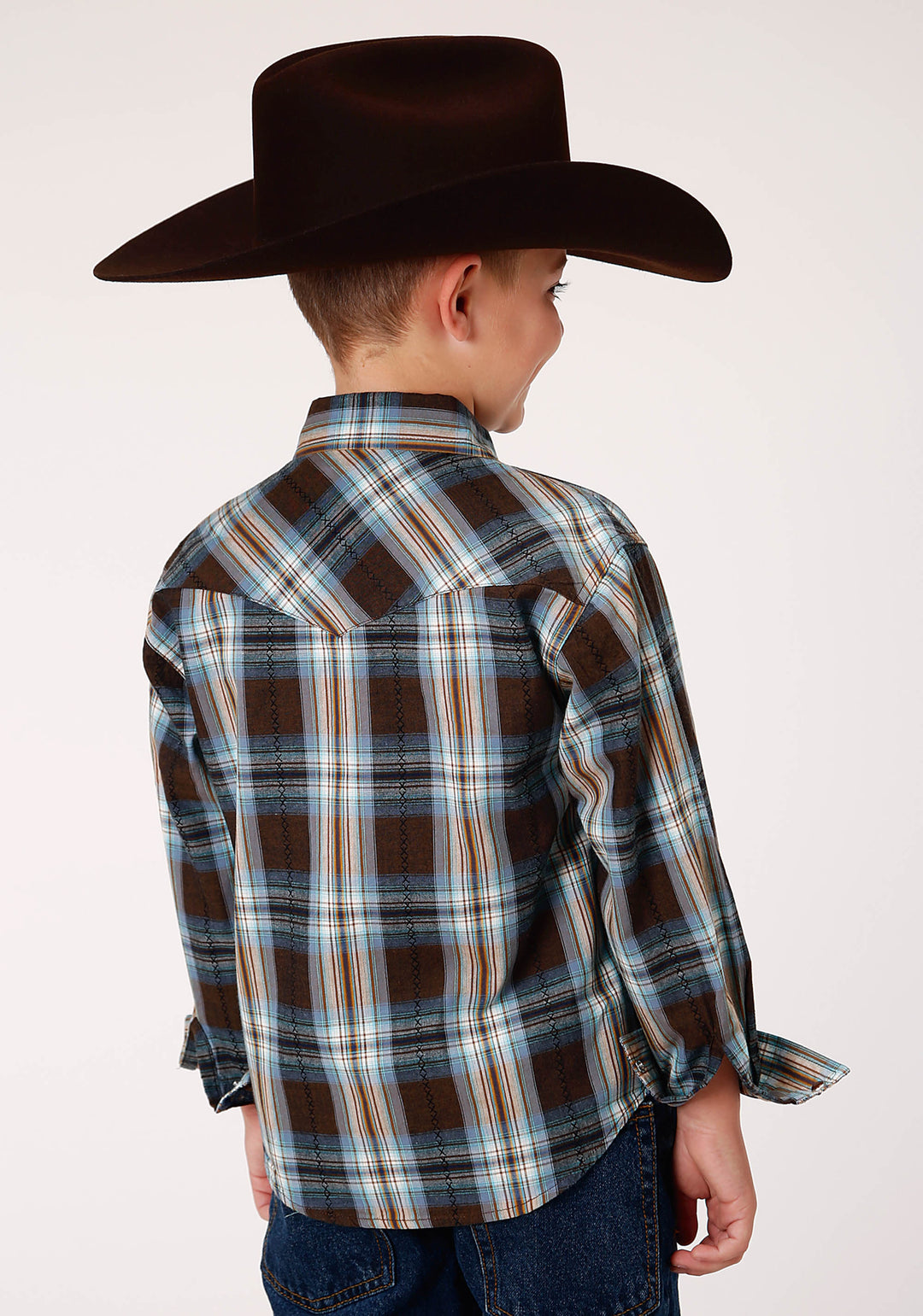 BOYS LONG SLEEVE SNAP CROSSING DOBBY PLAID WESTERN SHIRT