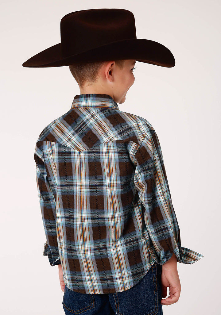 BOYS LONG SLEEVE SNAP CROSSING DOBBY PLAID WESTERN SHIRT