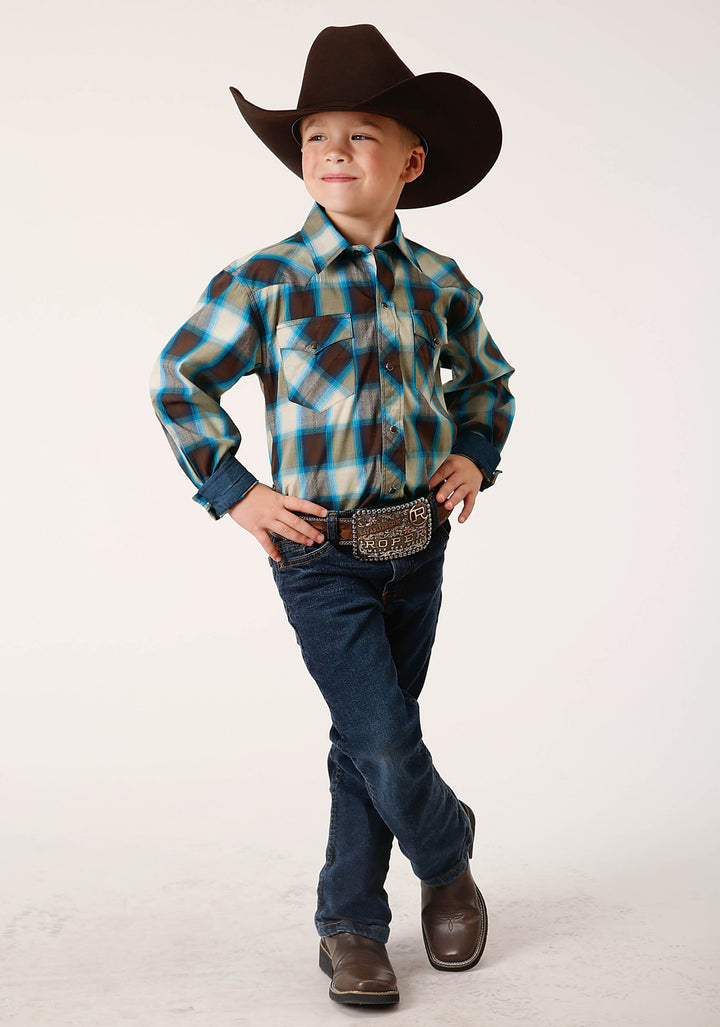 BOYS LONG SLEEVE SNAP BROWN ARROW PLAID WESTERN SHIRT